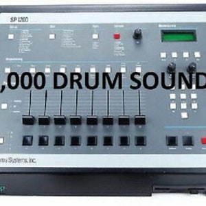 May include: A black Emu Systems SP 1200 drum machine with a silver faceplate. The faceplate has a display screen, knobs, and buttons. The text "7,000 DRUM SOUNDS" is printed in white on a black background.
