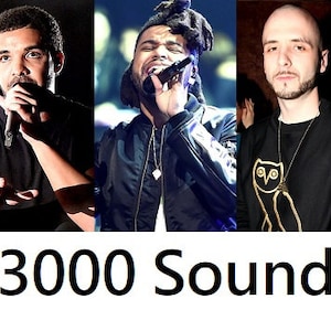 May include: Three men, each with a microphone, are singing into the microphone. The man on the left is wearing a black shirt. The man in the middle is wearing a black jacket with a gold chain. The man on the right is wearing a black sweatshirt with a gold owl graphic. The text "2,3000 Sounds" is at the bottom of the image.