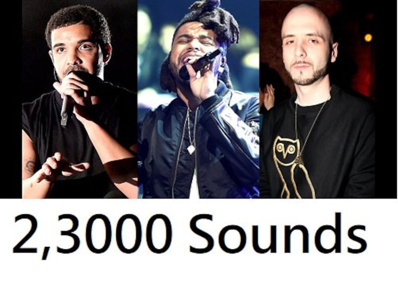 May include: Three men, each with a microphone, are singing into the microphone. The man on the left is wearing a black shirt. The man in the middle is wearing a black jacket with a gold chain. The man on the right is wearing a black sweatshirt with a gold owl graphic. The text "2,3000 Sounds" is at the bottom of the image.