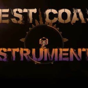 May include: A dark background with the words "WEST COAST INSTRUMENTAL" in a distressed, gold and orange font. A circular emblem with a cube design is centered between the words.