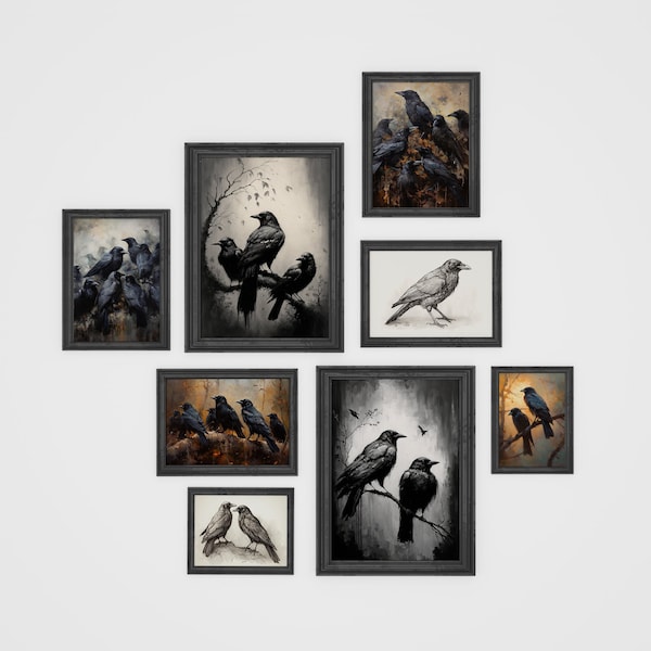 Vintage Gallery Wall Art Set of 8 Crow Oil Paintings | Dark Cottagecore | Gothic Home Decor | Classical Raven Art Print | Bird Poster