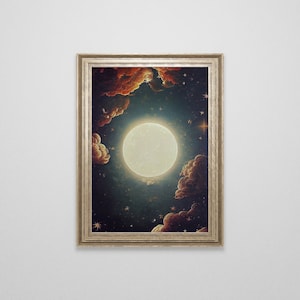 Celestian Stars Vintage Renaissance Oil Painting | Moon and Stars | Antique Baroque Celestial Print | Dark Aesthetic | Gothic Wall Art