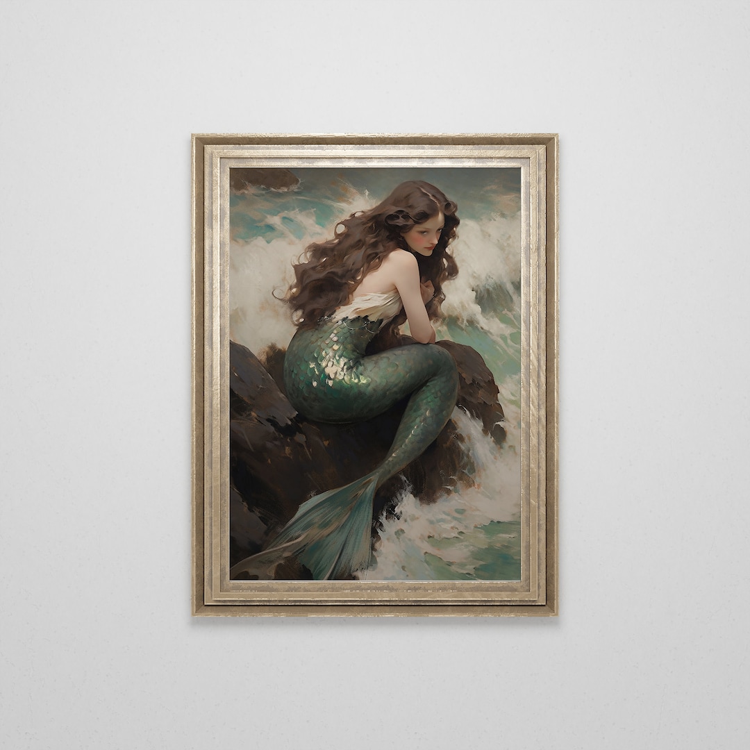 Vintage Mermaid Oil Painting Antique Mermaid Wall Art Ocean Print ...