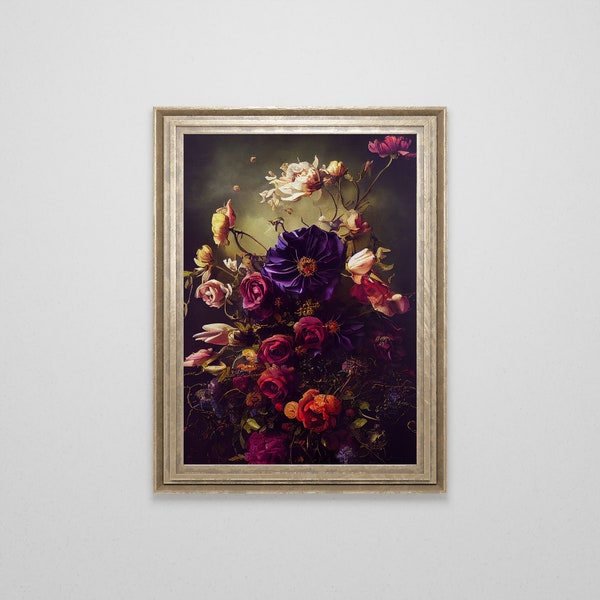 Vintage Dark Floral Bouquet Oil Painting | Antique Flower Still Life | Dark Academia | Dark Cottagecore