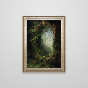 Vintage Victorian Overgrown Mirror Oil Painting | Botanical Dark Academia | Cottagecore | Moody Wall Art | Baroque Fairycore | Fantasy Art