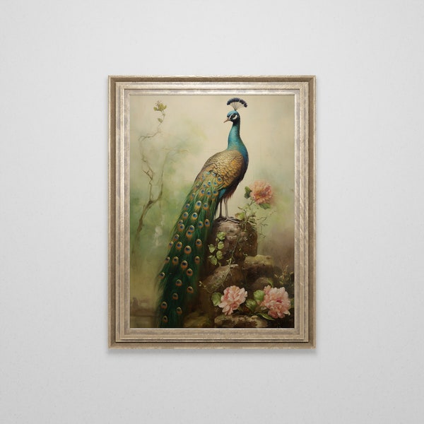 Victorian Peacock Antique Oil Painting | Vintage Wall Art | Light Academia | Bird Painting | French Oil Painting | Downloadable Art