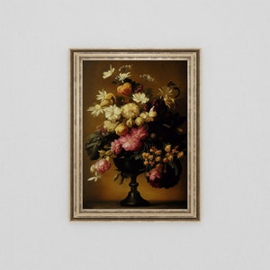 Vintage Dark Floral Oil Painting Digital Art Print | Flower Bouquet | Dark Academia | Dark Cottagecore | Instant Download | Downloadable Art