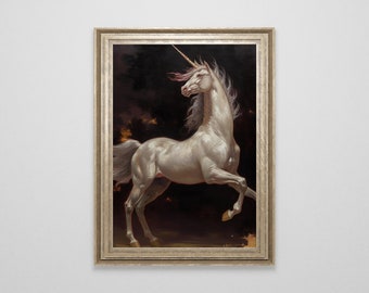 Medieval White Unicorn Oil Painting | Antique Fantasy Art | Renaissance Horse Painting |  Gothic Wall Art | Dark Academia Cottagecore |