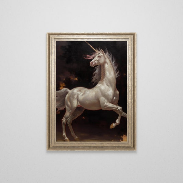 Medieval White Unicorn Oil Painting | Antique Fantasy Art | Renaissance Horse Painting |  Gothic Wall Art | Dark Academia Cottagecore |