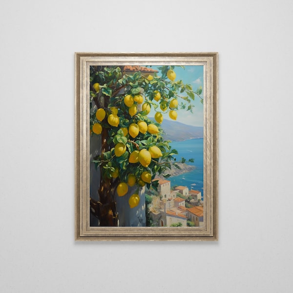 Vintage Italy Amalfi Coast Lemon Tree Oil Painting | Positano Wall Art | Mediterranean Coastal Landscape Print | Summer Art Download