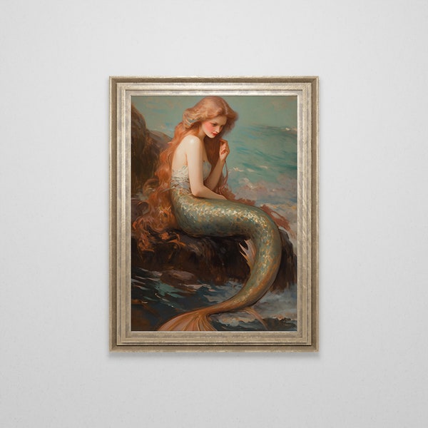 Vintage zeemeermin olieverfschilderij | Antieke zeemeermin kunst aan de muur | Oceaan afdrukken | Fantasie downloadbare kunst | Donkere academische wereld | Cottagekern | Koboldkern