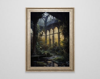 Abandoned Greenhouse Oil Painting | Dark Academia Cottagecore Aesthetic | Fairycore Print | Moody Wall Art | Post Apocalyptic Botanical Art