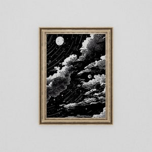 Vintage Black and White Night Sky Ink Drawing | Celestial Moon and Stars Print | Gothic Wall Art | Goth Home Decor | Witchy Wall Decor