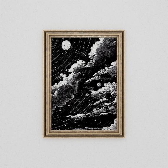 Vintage Black and White Night Sky Ink Drawing Celestial Moon - Etsy