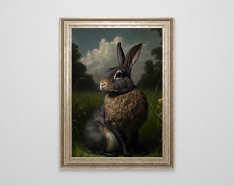 Vintage Hare Oil Painting | Rabbit Wall Art | Bunny Print | Moody Cottagecore | Dark Cottage Core | Woodland Nursery Decor