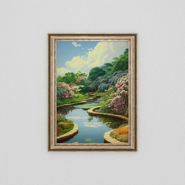 Vintage Japanese Garden Oil Painting | Antique Landscape Wall Art | Farmhouse Decor | Garden Art | Nature Painting