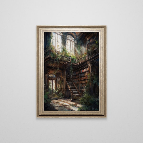 Old Abandoned Library Gouache Painting | Dark Academia | Bibliophile Fantasy Art | Dark Cottagecore | Post Apocalyptic Botanical Art |