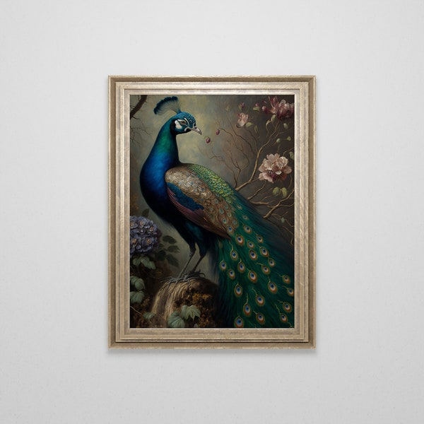 Victorian Peacock Antique Oil Painting | Vintage Wall Art | Light Academia | Bird Painting | French Oil Painting | Downloadable Art