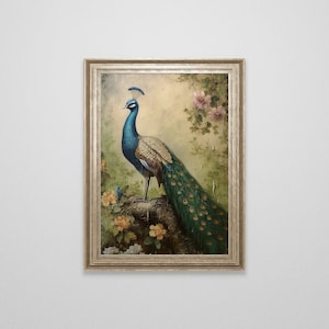Victorian Peacock Antique Oil Painting | Vintage Wall Art | Light Academia | Bird Painting | French Oil Painting | Downloadable Art