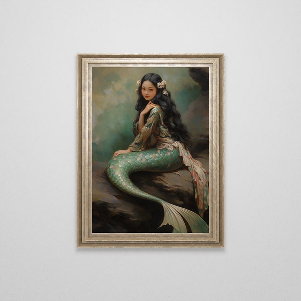 Vintage Mermaid Oil Painting | Antique Mermaid Wall Art | Ocean Print | Fantasy Downloadable Art | Dark Academia | Cottagecore | Goblincore