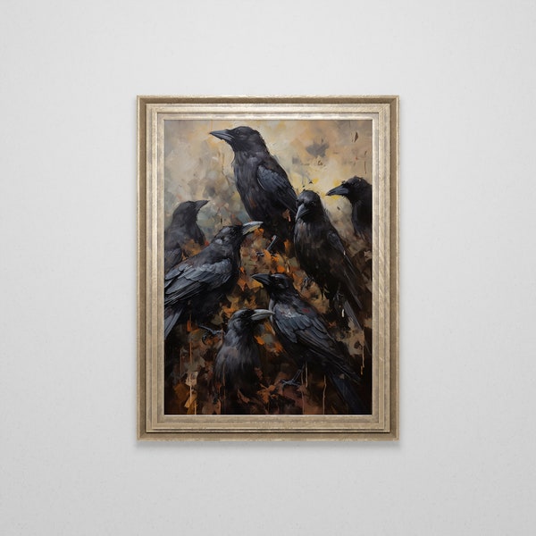 Vintage Murder of Crows Oil Painting | Crow Art | Raven Wall Art | Dark Cottagecore | Goblincore | Gothic Home Decor | Dark Academia