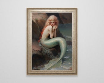 Vintage Mermaid Oil Painting | Antique Mermaid Wall Art | Ocean Print | Fantasy Downloadable Art | Dark Academia | Cottagecore | Goblincore