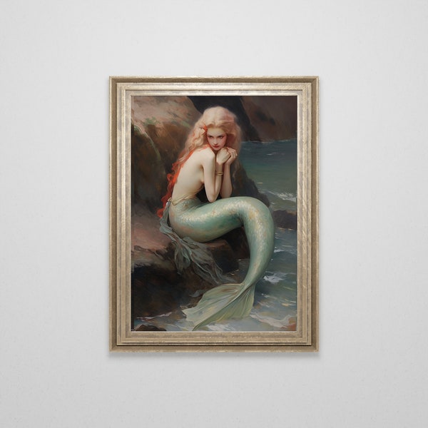 Vintage Mermaid Oil Painting | Antique Mermaid Wall Art | Ocean Print | Fantasy Downloadable Art | Dark Academia | Cottagecore | Goblincore