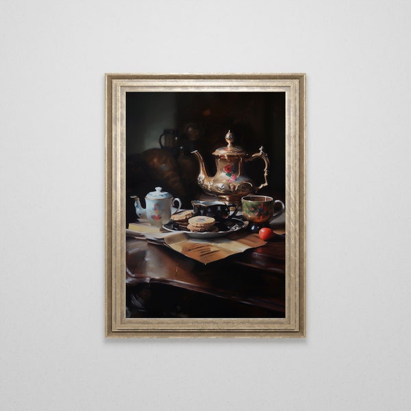 Vintage Tea Still Life Oil Painting | Antique Kitchen Art | Tea Cup Print | Farmhouse Kitchen Decor | Dark Academia Cottagecore | Printable