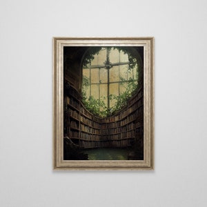 Oude verlaten bibliotheek gouache schilderij | Donkere academische wereld | Bibliofiele fantasiekunst | Donkere Cottagecore | Post-apocalyptische botanische kunst |