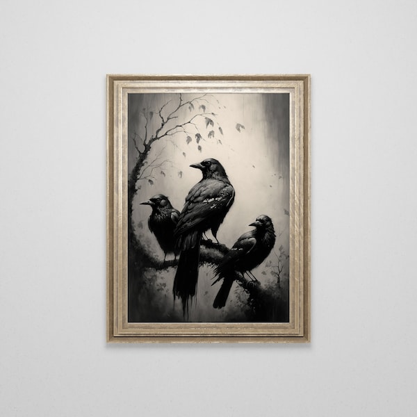 Vintage Raven Oil Painting | Raven Art | Corvus Corax | Crow Wall Art | Dark Cottagecore | Goblincore | Gothic Home Decor | Dark Academia