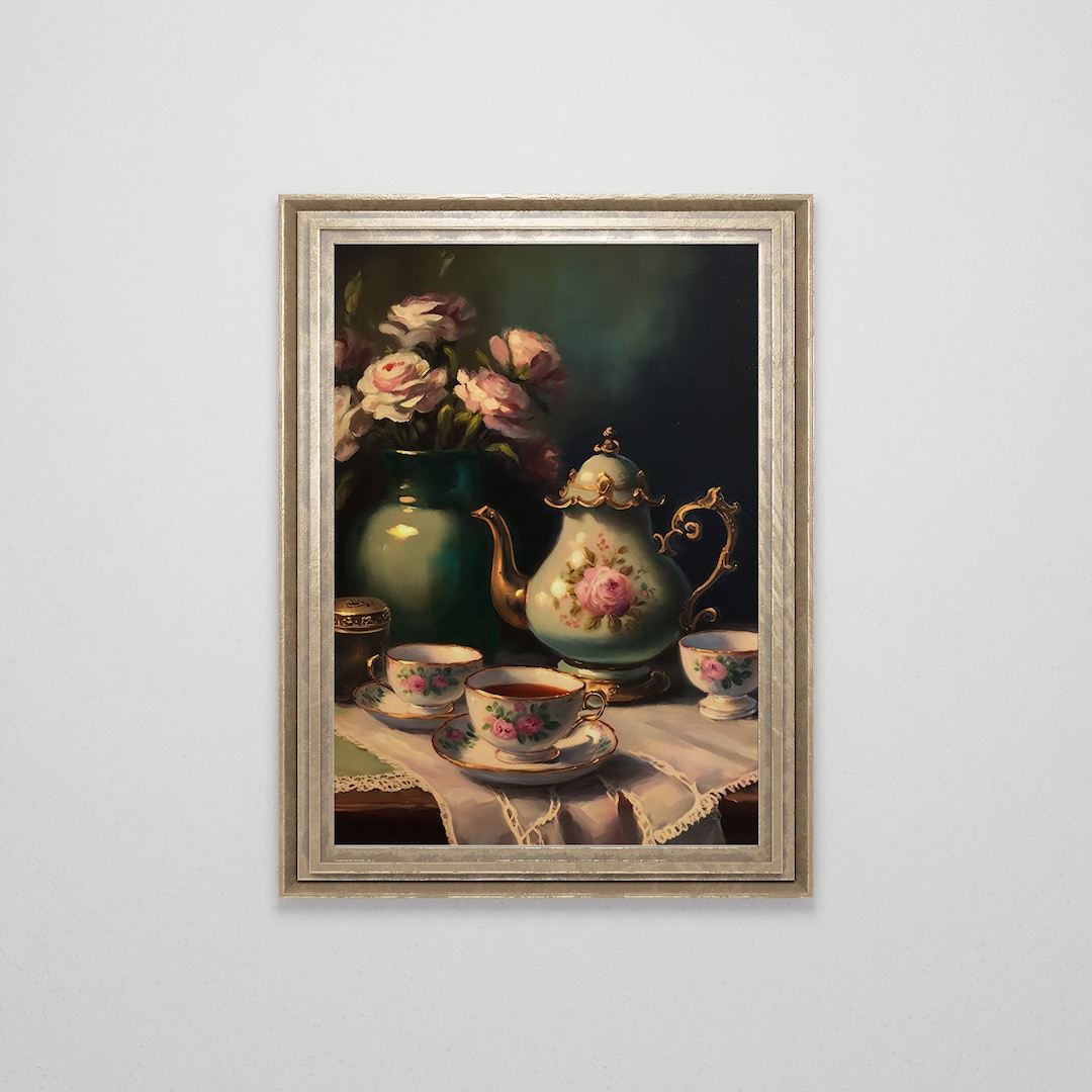 Vintage Tea Still Life Oil Painting Antique Kitchen Art Tea Cup Print