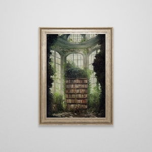 Old Abandoned Library Watercolor Painting | Dark Academia | Bibliophile Fantasy Art | Dark Cottagecore | Post Apocalyptic Botanical Art |