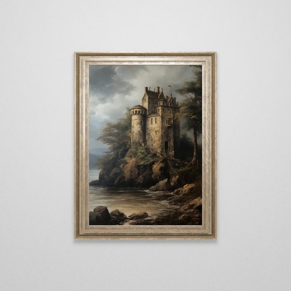 Château écossais médiéval dans la peinture à l'huile de montagnes | époque Renaissance | Impression de paysage de la vieille Écosse | Art mural baroque | Université sombre