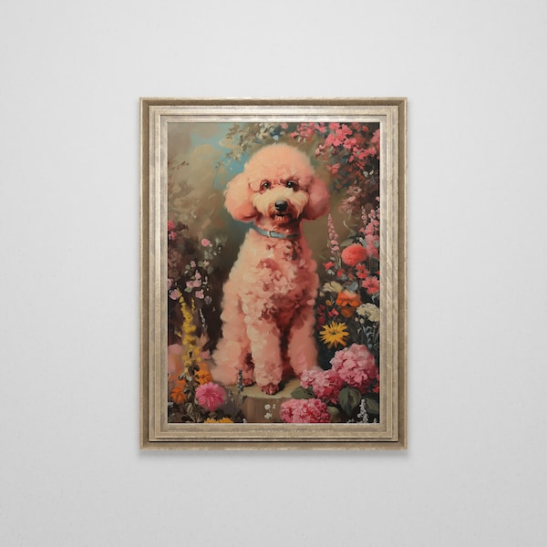 Peinture à l'huile victorienne de caniche toy | Décoration kitsch vintage | Décoration murale maximaliste éclectique et décalée | Tableau Chien Renaissance Antique