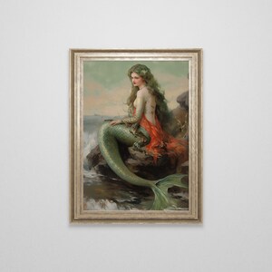 Vintage Mermaid Oil Painting | Antique Mermaid Wall Art | Ocean Print | Fantasy Downloadable Art | Dark Academia | Cottagecore | Goblincore