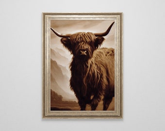 Vintage Highland Cow Oil Painting | Highland Cattle Art | Scottish Cow Poster | Farmhouse Decor | Scotland Art