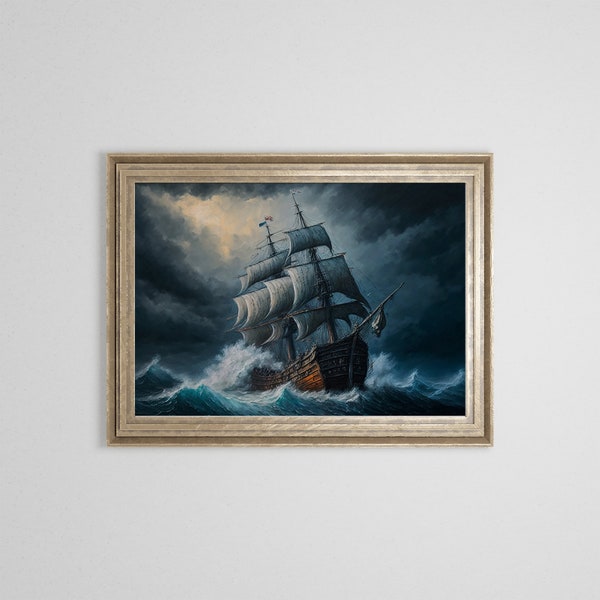 Vintage Piratenschiff Ölgemälde | Antikes nautisches Gemälde | Seelandschaft Ozean Kunst | Barock Maritime Ozeanlandschaft Wand Kunst Druck