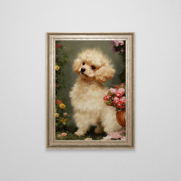 Victorian Toy Poodle Oil Painting | Vintage Kitsch Decor | Quirky Eclectic Maximalist Wall Art | Antique Renaissance Dog Painting