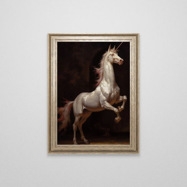 Medieval White Unicorn Oil Painting | Antique Fantasy Art | Renaissance Horse Painting |  Gothic Wall Art | Dark Academia Cottagecore |