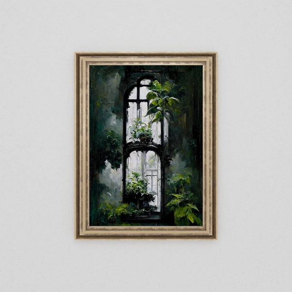 Vintage Overgrown Window Oil Painting Digital Art Print | Botanical Plant Art | Instant Download | Downloadable Art