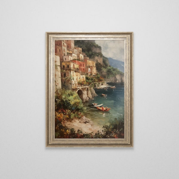 peinture à l'huile vintage de côte d'Amalfi de l'Italie | Art mural Positano | Impression de paysage côtier méditerranéen | Architecture | Téléchargement d'art d'été