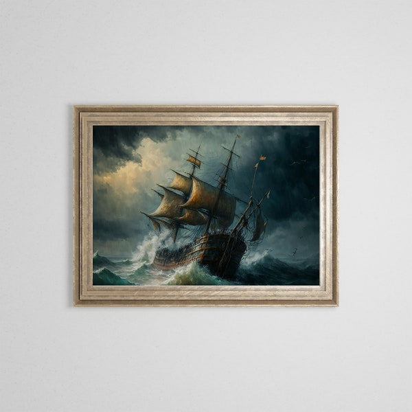 Vintage Pirate Ship Oil Painting | Antique Nautical Painting | Seascape Ocean Art | Baroque Maritime Oceanscape Wall Art Print