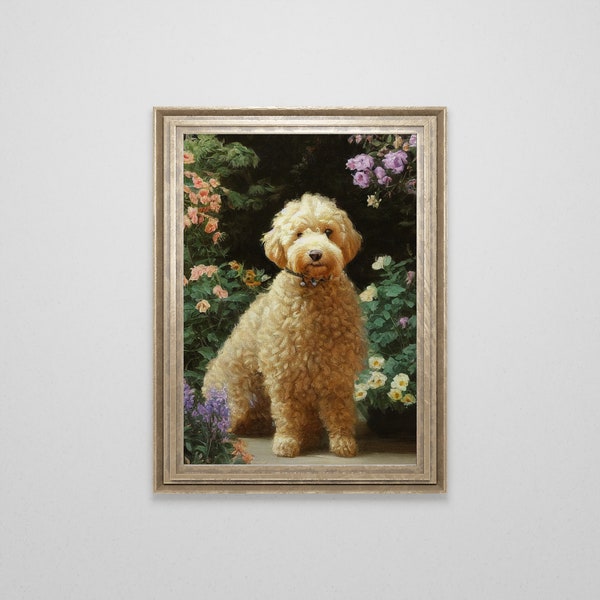 Vintage Goldendoodle Oil Painting | Antique Golden Doodle Painting | Labradoodle Wall Art | Dog Print | Goldendoodles Gift