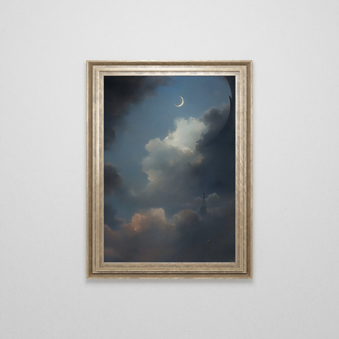 Celestial Moon Oil Painting Night Sky Print Moody Witchy Wall Decor ...