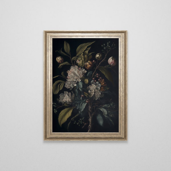 Vintage Dark Floral Bouquet Oil Painting | Antique Flower Still Life | Dark Academia | Dark Cottagecore | Instant Download | Printable Art