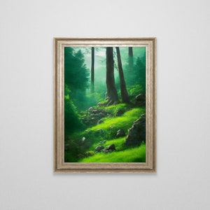 Vintage Misty Forest Print | Antique Oil Painting | Landscape Art | Tree Art | Calming Wall Art | Forest Wall Art | Instant Download