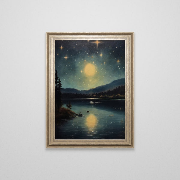 Vintage Night Sky Oil Painting | Celestial Lake House Decor | Witchy Moon Art | Landscape Painting | Dark Academia Cottagecore Summer Print