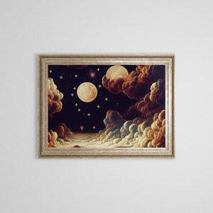 Celestian Stars Vintage Renaissance Oil Painting | Moon and Stars | Antique Baroque Celestial Print | Dark Aesthetic | Gothic Wall Art