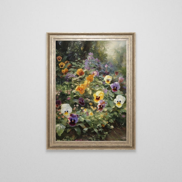 Vintage Pansy Flower Oil Painting | Pansies Spring Flowers | Antique Art | Cottagecore | Farmhouse Decor | Floral Classical Painting
