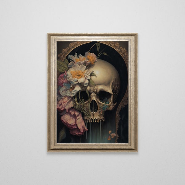 Floral Skull Painting | Dark Art | Gothic Home Decor | Oddities and Curiosities | Skeleton Print | Creepy Horror Skull Poster | Download